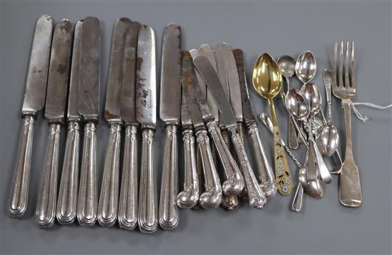 A small quantity of assorted silver flatware and silver handled knives including Victorian.